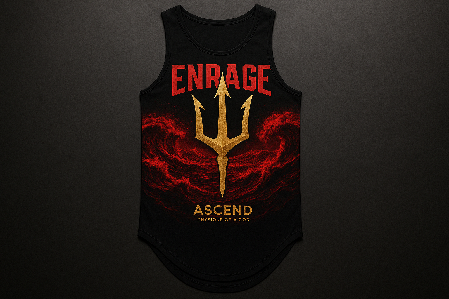 Red Tide Tank Top - Front with ENRAGE and Golden Trident